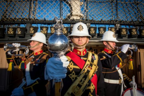 Members of Massed Bands of HM Royal Marines Beating Retreat outside Horse Guards Parade with Drum Major